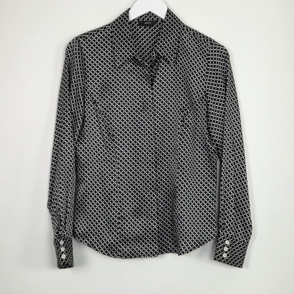 Alfani Women's 100% Silk Long Sleeve Geometric Black And White Shirt Size 10